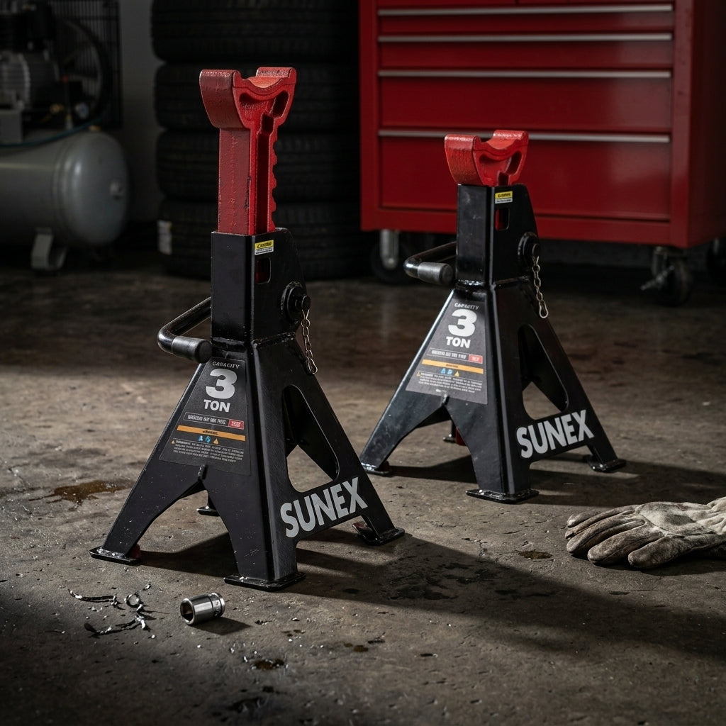 Pair of 3-ton ratchet jack stands in a garage